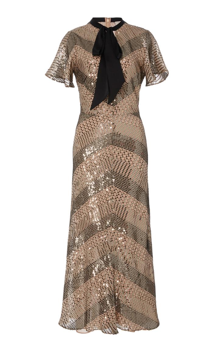 Temperley London Silk-trimmed Pussy-bow Sequined Chiffon Dress