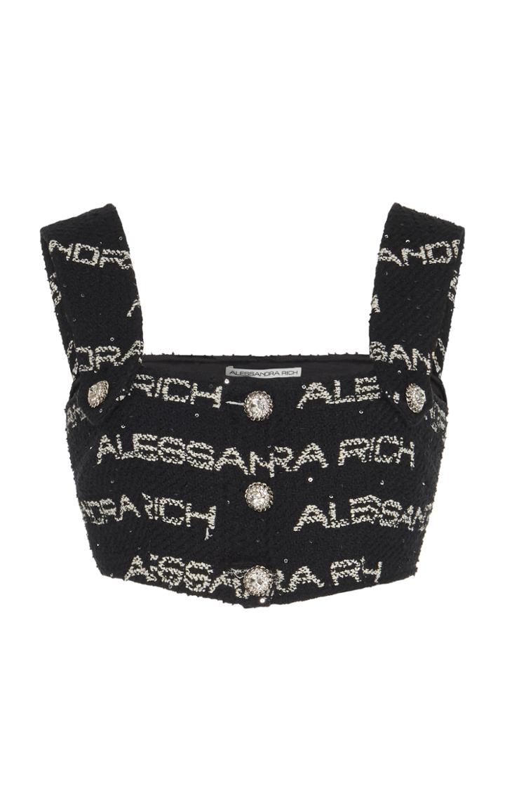 Alessandra Rich Cropped Printed Cotton-tweed Top