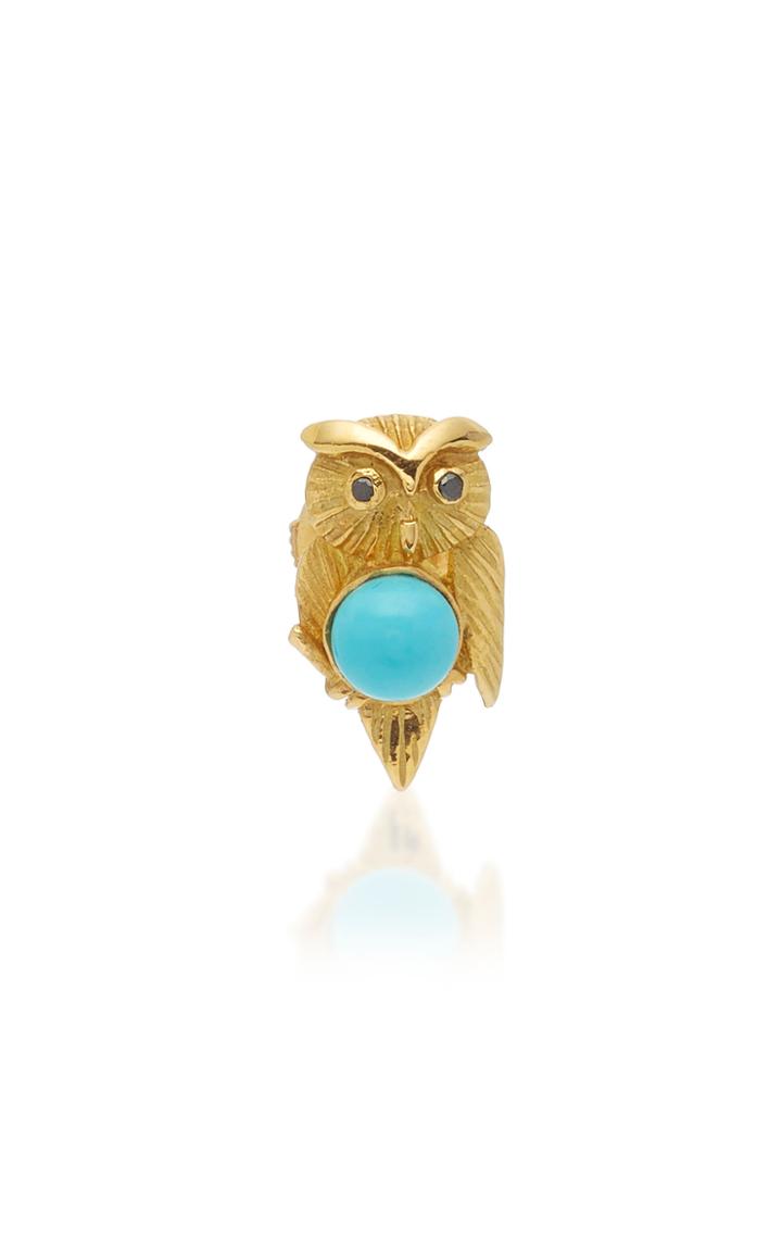 Yvonne Leon Single Owl Stud In Yellow Gold And Turquoise