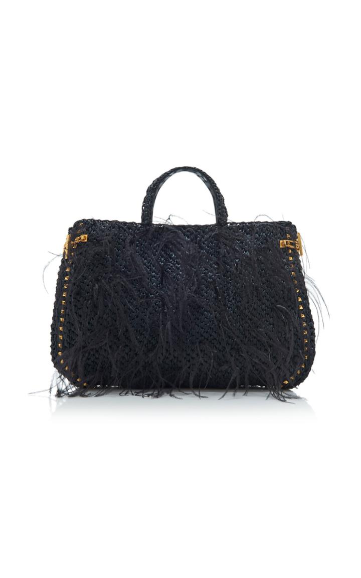 Moda Operandi Valentino Medium Double Handle Feather And Raffia Tote