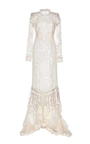 Roberto Cavalli Floral Applique Long Sleeve Gown