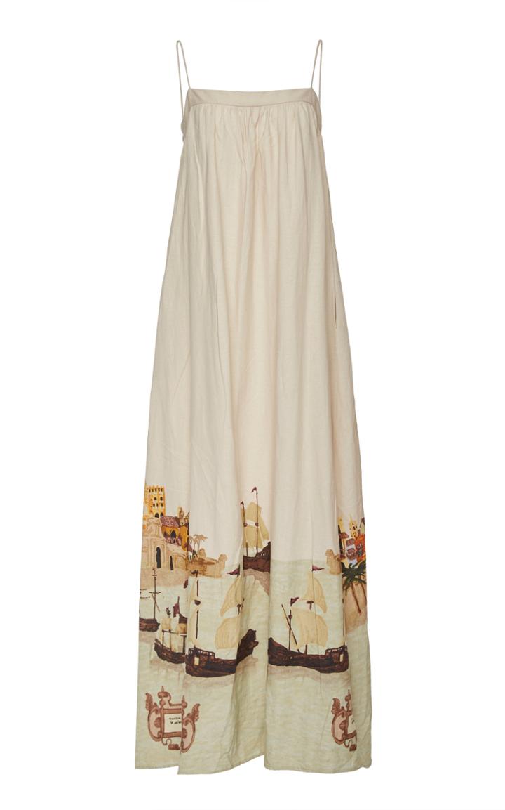 Andres Otalora Coralina Nautical-print Linen Trapeze Maxi Dress