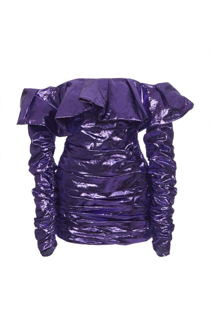 The Attico Off-the-shoulder Ruched Lam Mini Dress