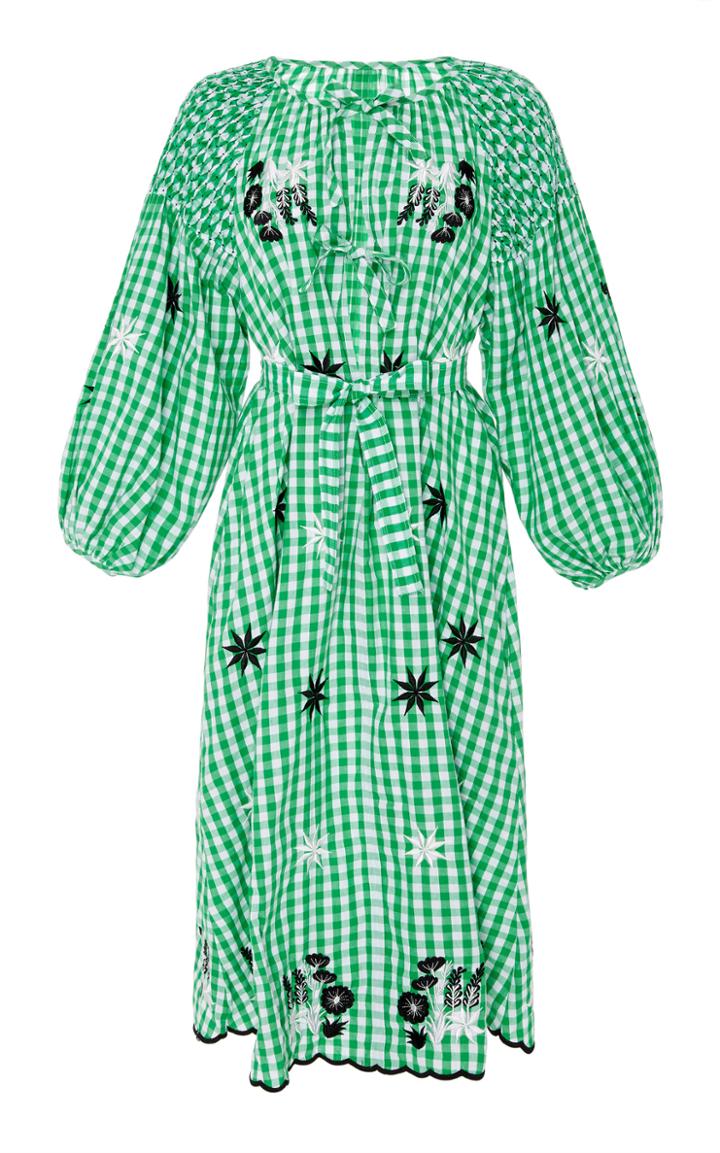 Innika Choo Embroidered Gingham Smock Midi Dress