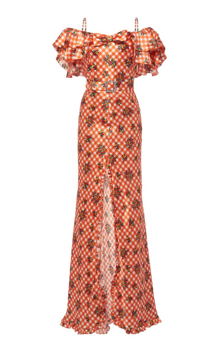 Moda Operandi Alessandra Rich Belted Gingham Satin Maxi Dress