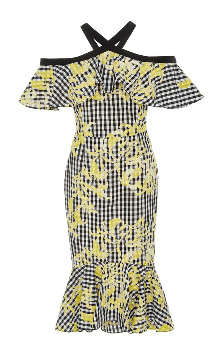 Christian Siriano Banana Gingham Cold Shoulder Flounce Hem Dress