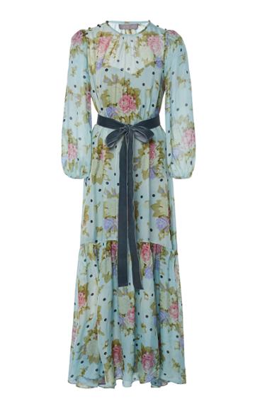 Black Iris Iris Rose Print Silk Chiffon Midi Dress