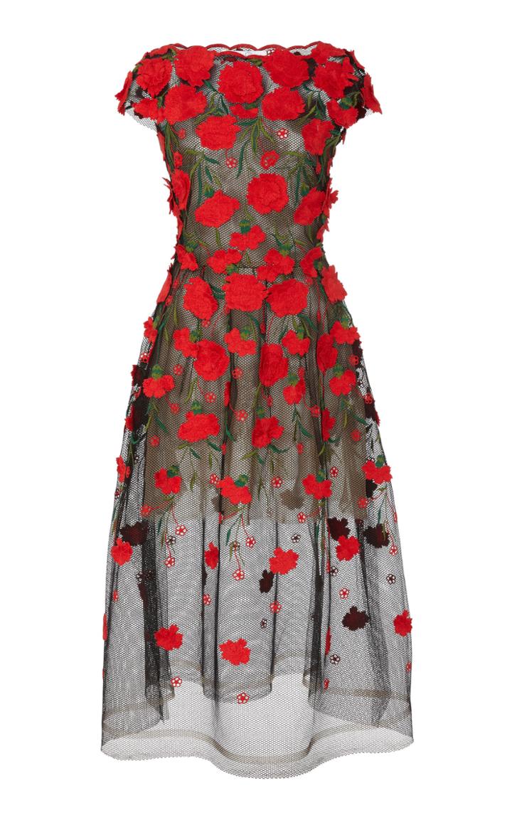 Oscar De La Renta Rose-applique Cap Sleeve Tulle Dress