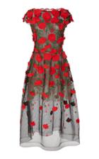Oscar De La Renta Rose-applique Cap Sleeve Tulle Dress