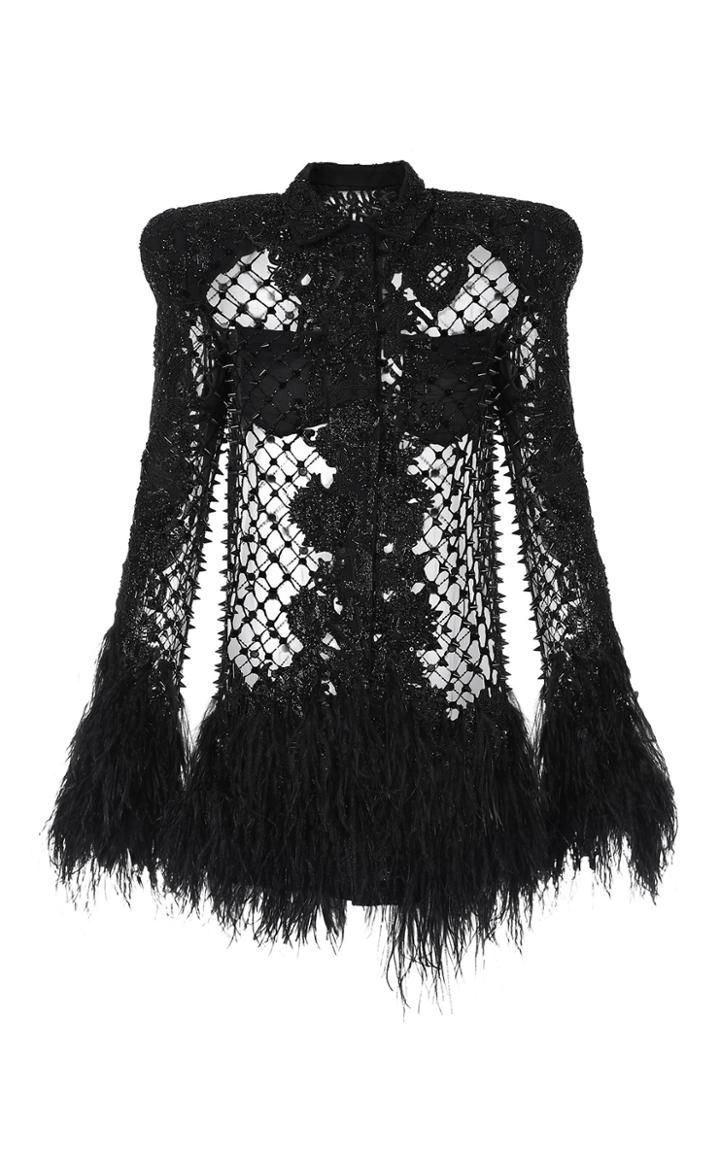 Balmain Feather-trimmed Embellished Mini Dress