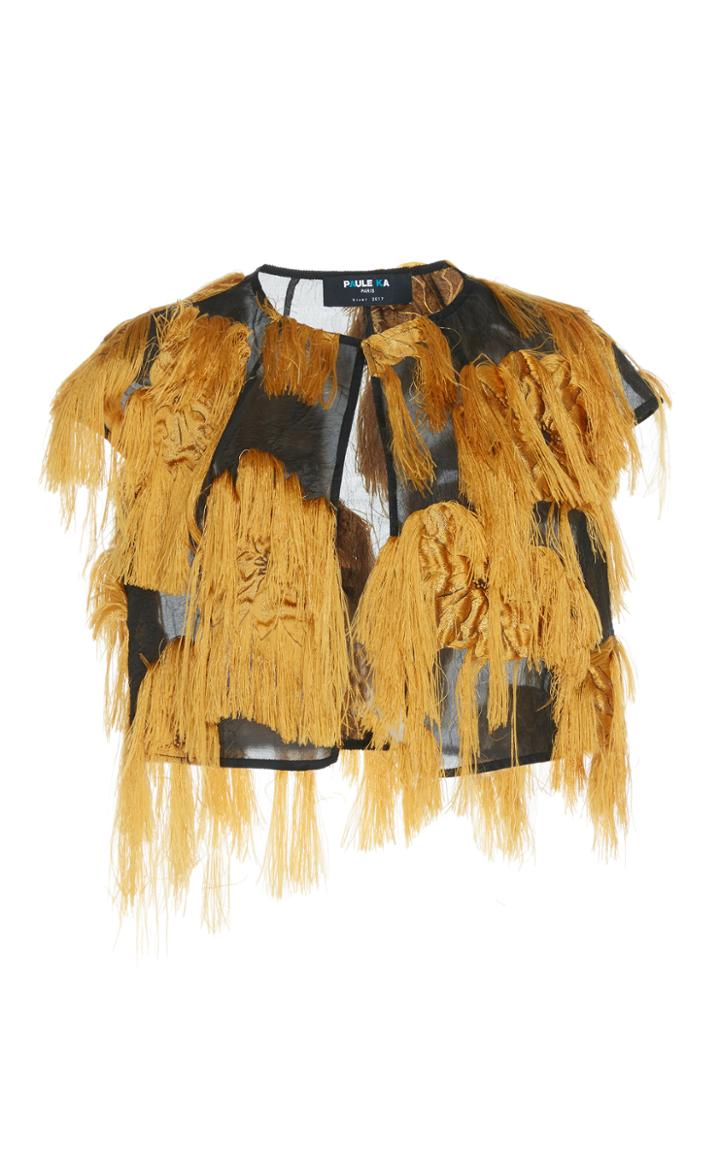 Paule Ka Patchwork Jacquard Fringe Cropped Jacket