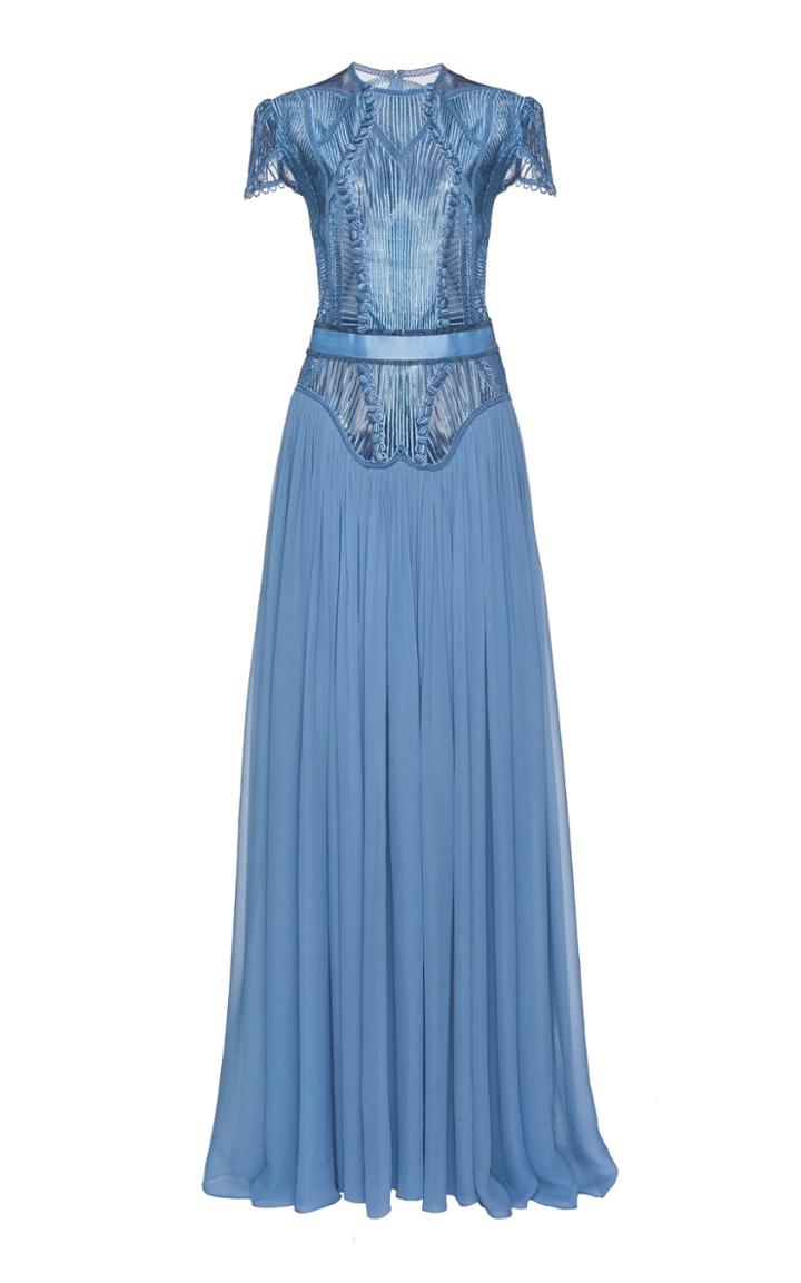 Costarellos Grid Lace Bodice Chiffon Gown