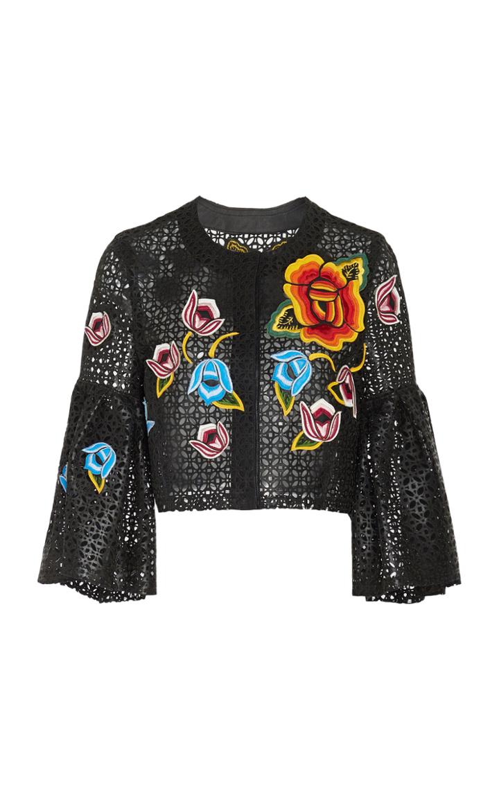 Carolina Herrera Embroidered Laser-cut Leather Jacket