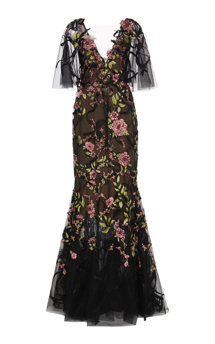 Marchesa V-neck Floral Embellished Gown