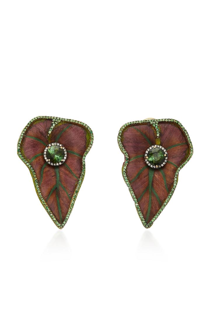 Silvia Furmanovich Sculptural Botanical Marquetry Leaf And Tourmaline Earrings
