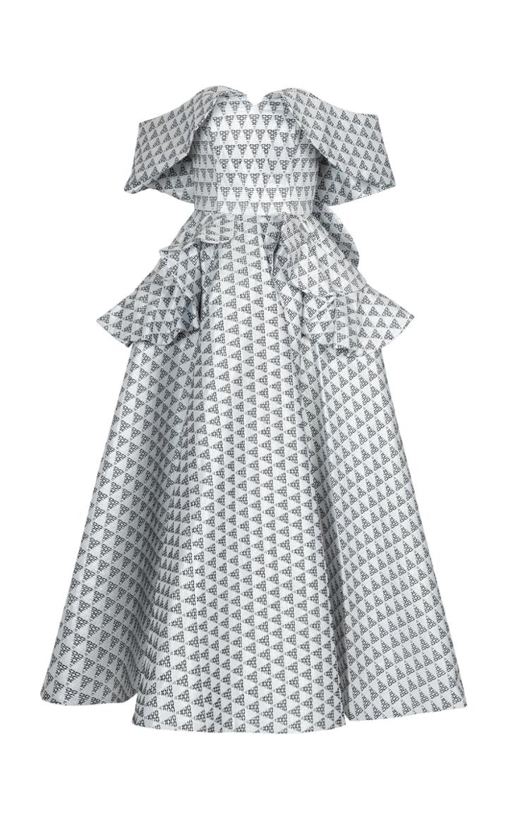 Bazza Alzouman Off Shoulder Tea Length Gown With Ruffle Detail