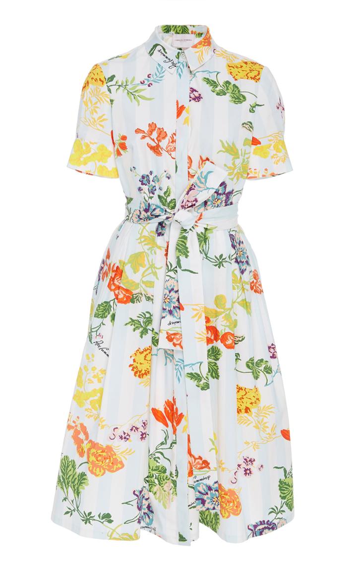 Carolina Herrera Floral-print Belted Cotton-blend Midi Shirt Dress