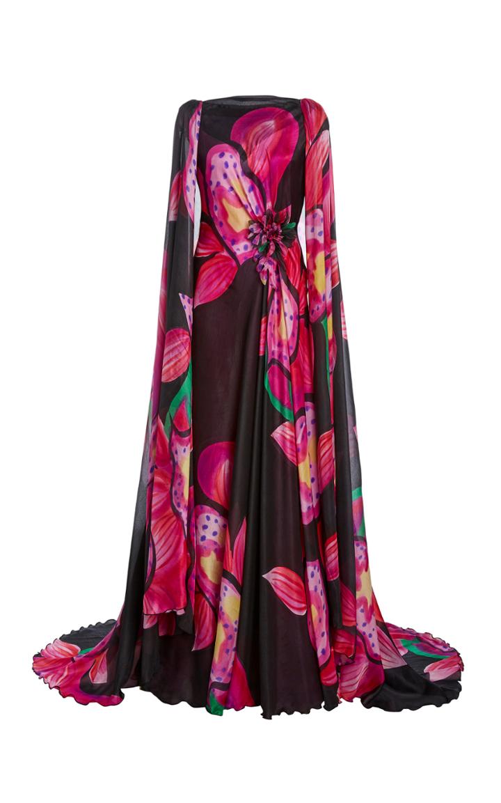 Moda Operandi Rodarte Appliqued Floral Painted Crepe Cape Gown