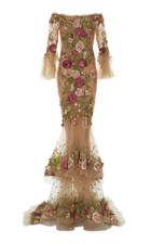 Marchesa Tulle Off The Shoulder Floral Embroidered Gown