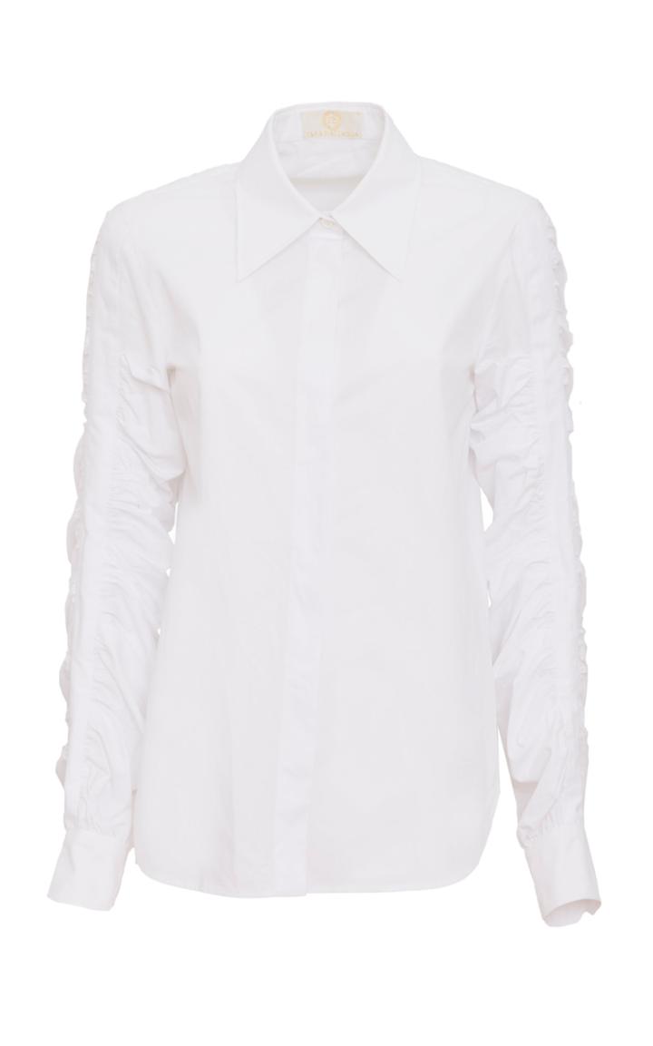 Sara Battaglia Ruched-sleeve Poplin Blouse