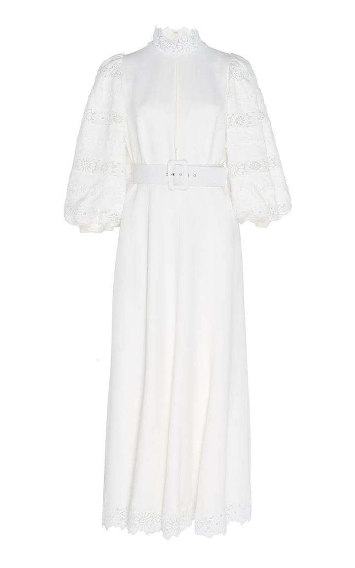 Andrew Gn Belted Lace-paneled Crepe De Chine Dress