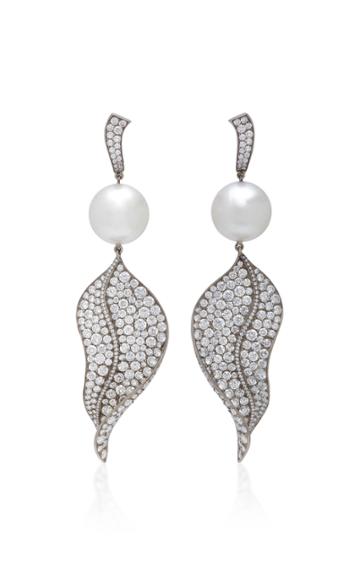 Gioia Titanium Pearl And Diamond Leaf Drop Earrings