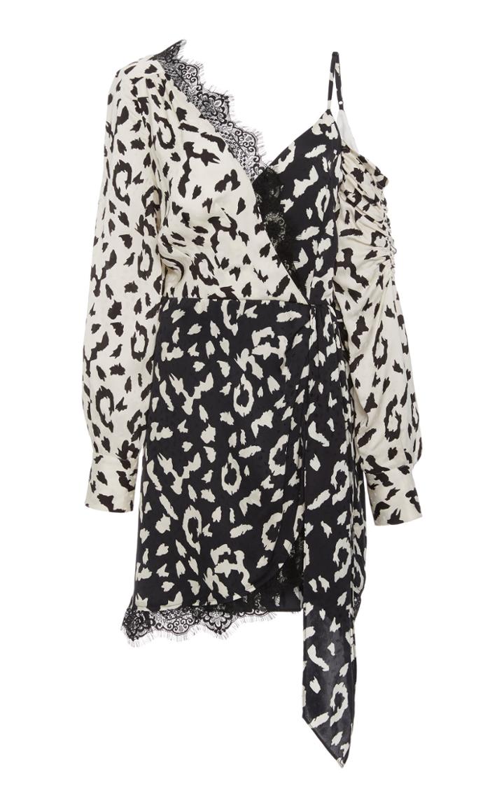 Self Portrait Asymmetric Two-tone Printed Satin Wrap Dress