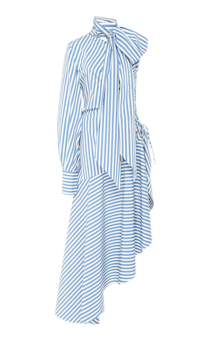 Oscar De La Renta Asymmetric One Sleeve Stripe Midi Dress With Tie At Neck