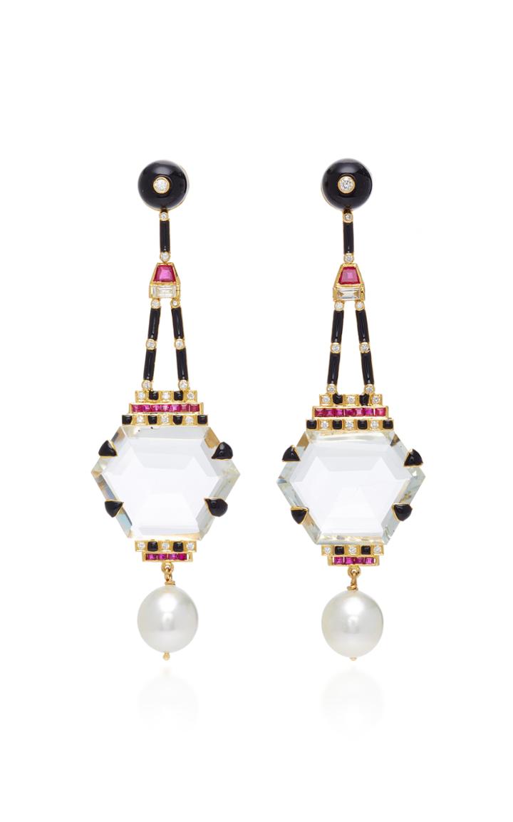 Hanut Singh One-of-a-kind Mughal Red Carpet Earrings In White Topaz Ruby Diamonds And Pearls