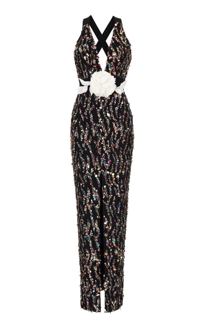 Rasario Sequin Gown With White Flower
