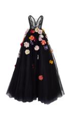 Monique Lhuillier Strapless Flower Embellished Ballgown With Plunging Neckline