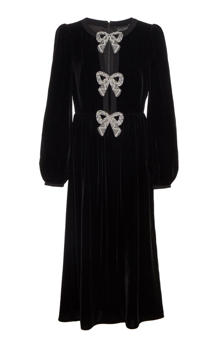 Saloni Camille Embellished Bow-accented Velvet Midi Dress