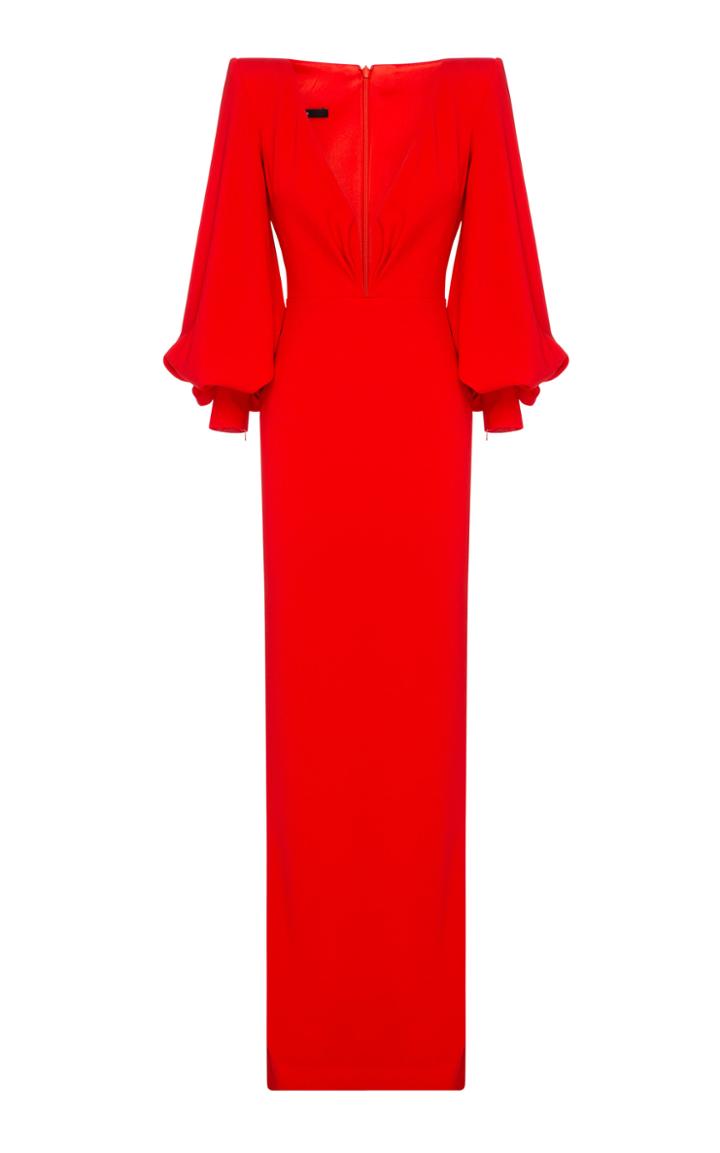Moda Operandi Alex Perry Carlin Satin Crepe V-neck Balloon Sleeve Column Gown