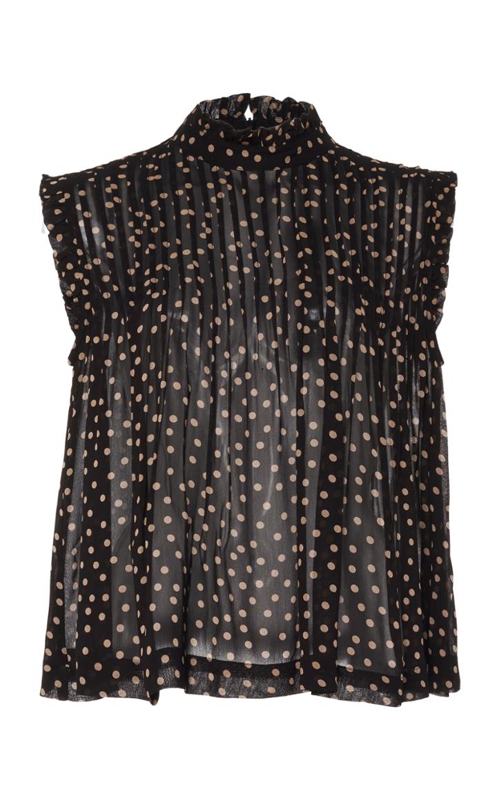 Ganni Pleated Polka-dot Georgette Top