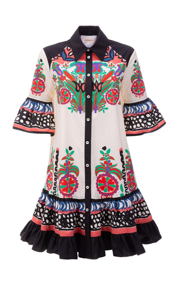 Moda Operandi La Doublej Choux Ruffled Printed Cotton Mini Shirt Dress