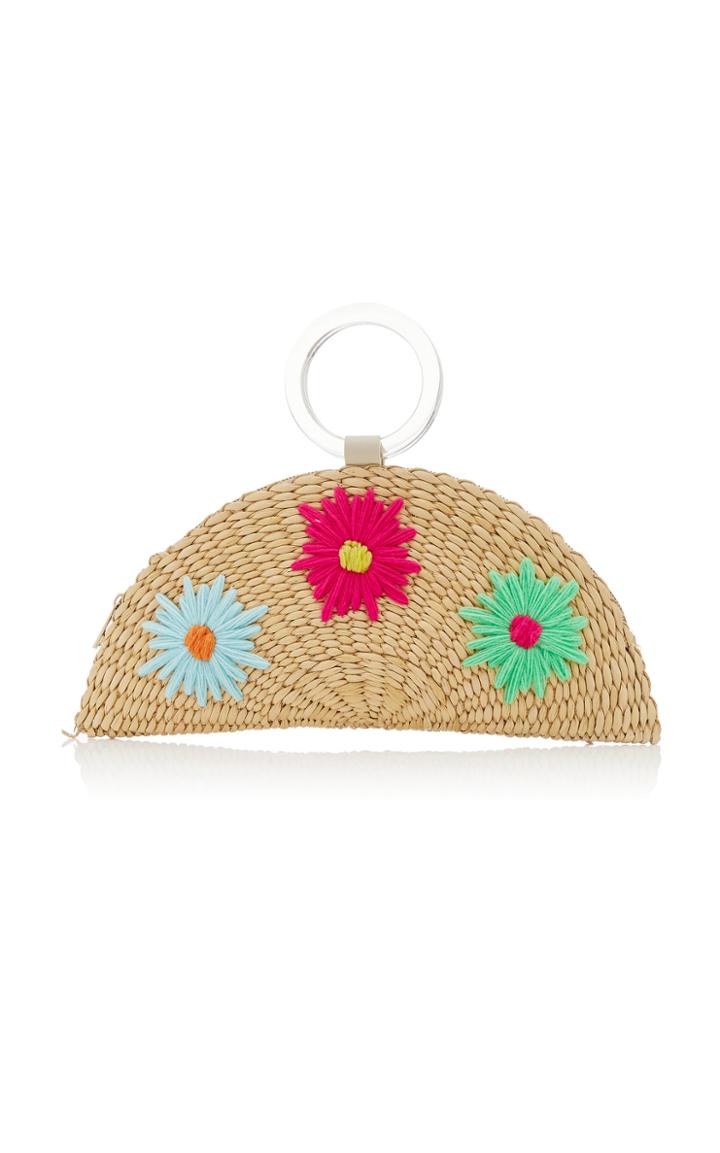 Poolside Croissant Floral-embroidered Straw Bag