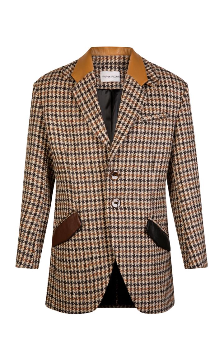 Moda Operandi Joshua Millard Ginkgo Leather-trimmed Plaid Wool Blazer