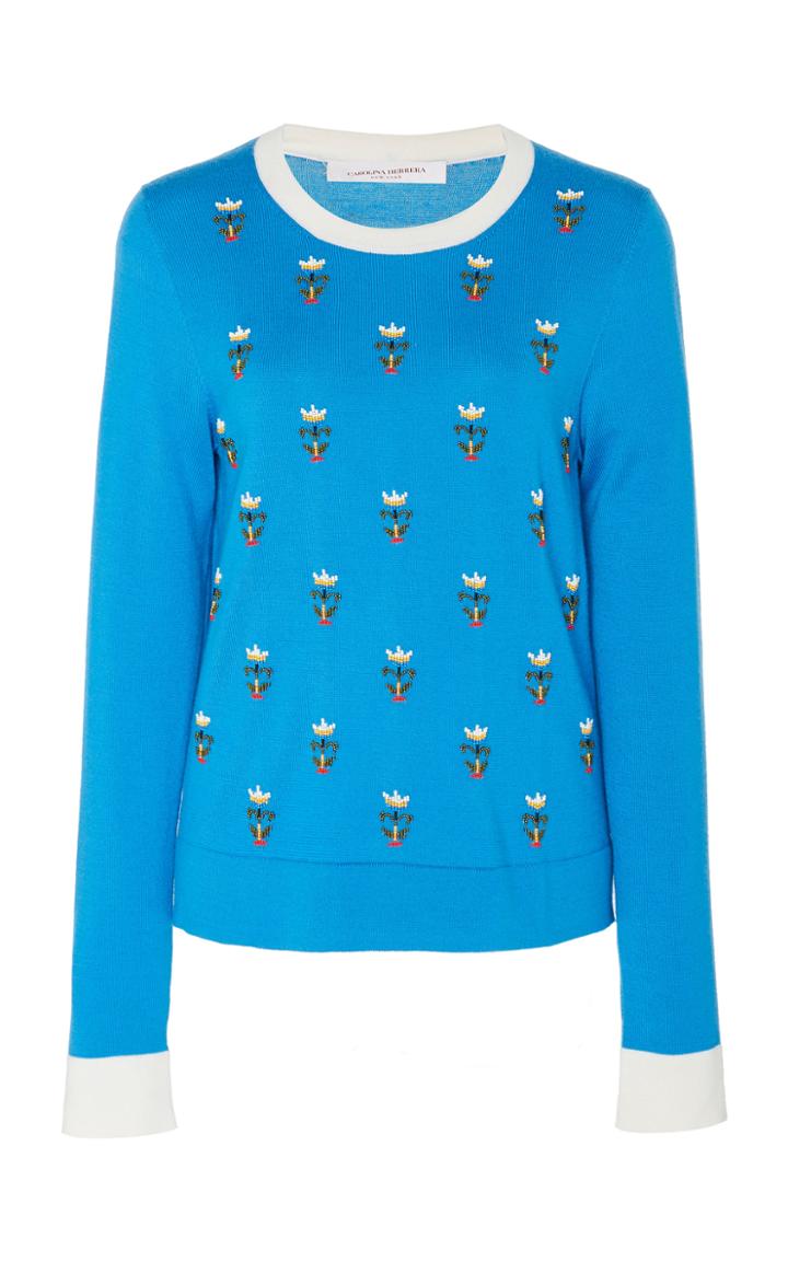 Carolina Herrera Floral-embroidered Wool-silk Sweater