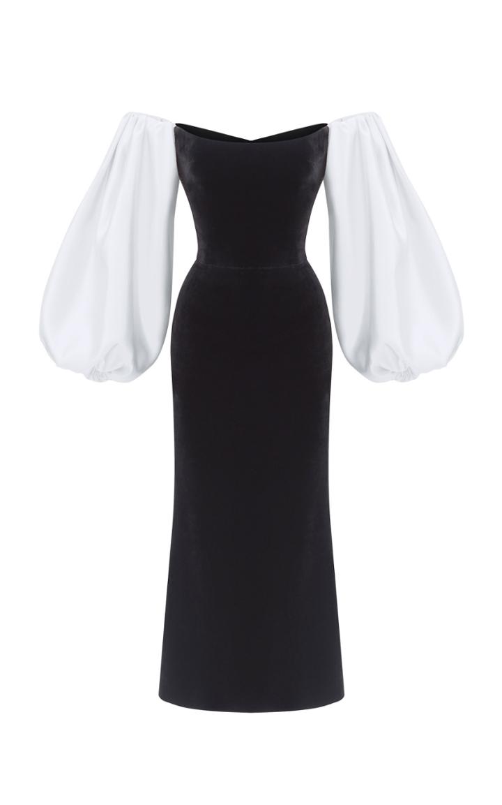 Rasario Puffed Sleeve Satin And Silk-blend Velvet Midi Dress