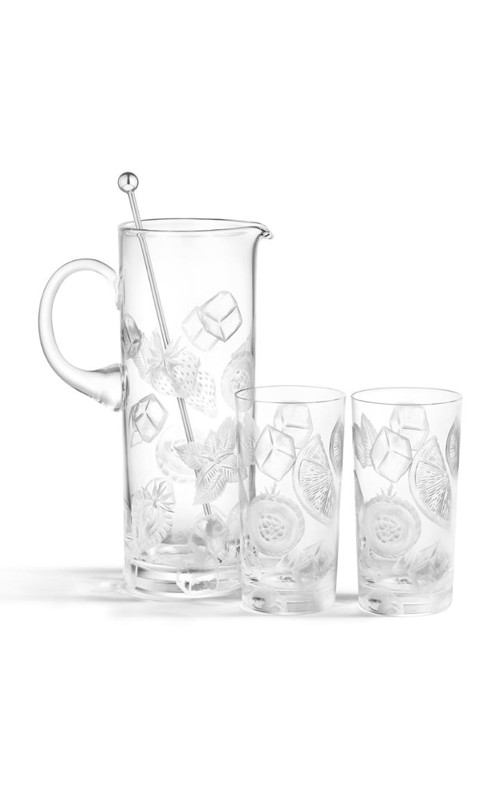 Moda Operandi Asprey Pimms Jug & 4 Glasses Engraved Fruit Clear