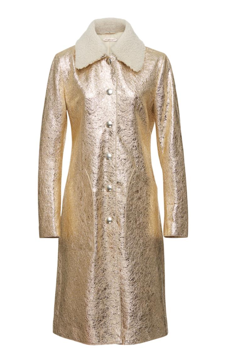 Bottega Veneta Shearling-trimmed Metallic Cracked-leather Coat