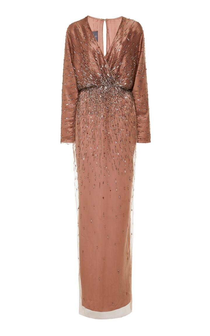 Monique Lhuillier Embellished Charmeuse Draped Dolman Sleeve Gown