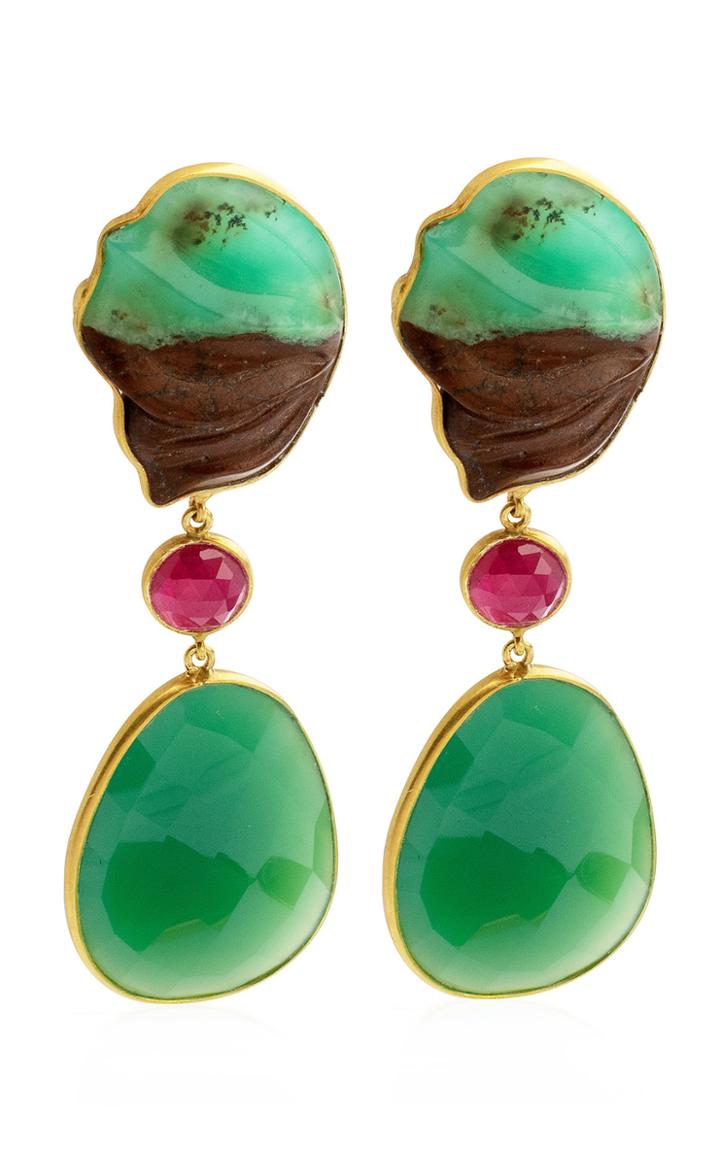Bahina Chrysoprase, Ruby, Agathe 18k Yellow Gold Earrings