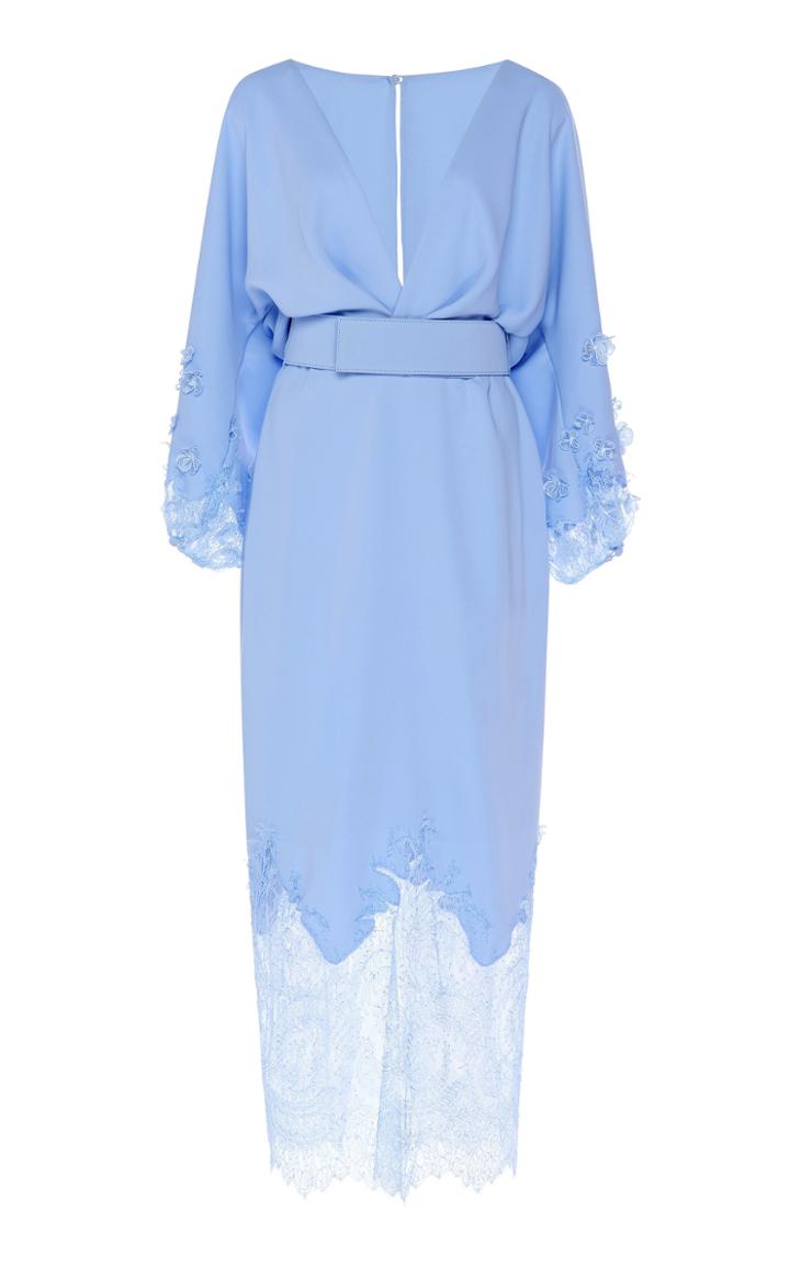 Moda Operandi Costarellos Crepe Plunging Neckline Blouson Dress With French Lace Hem