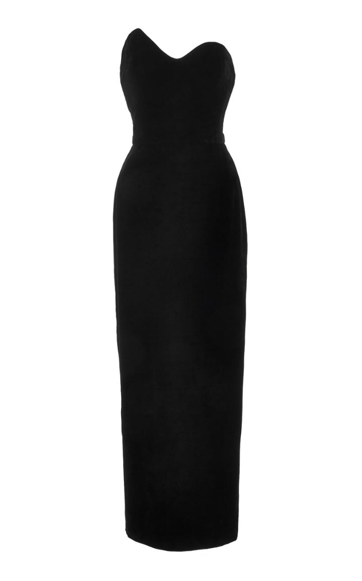 Monique Lhuillier Asymmetric Strapless Tea Length Velvet Dress