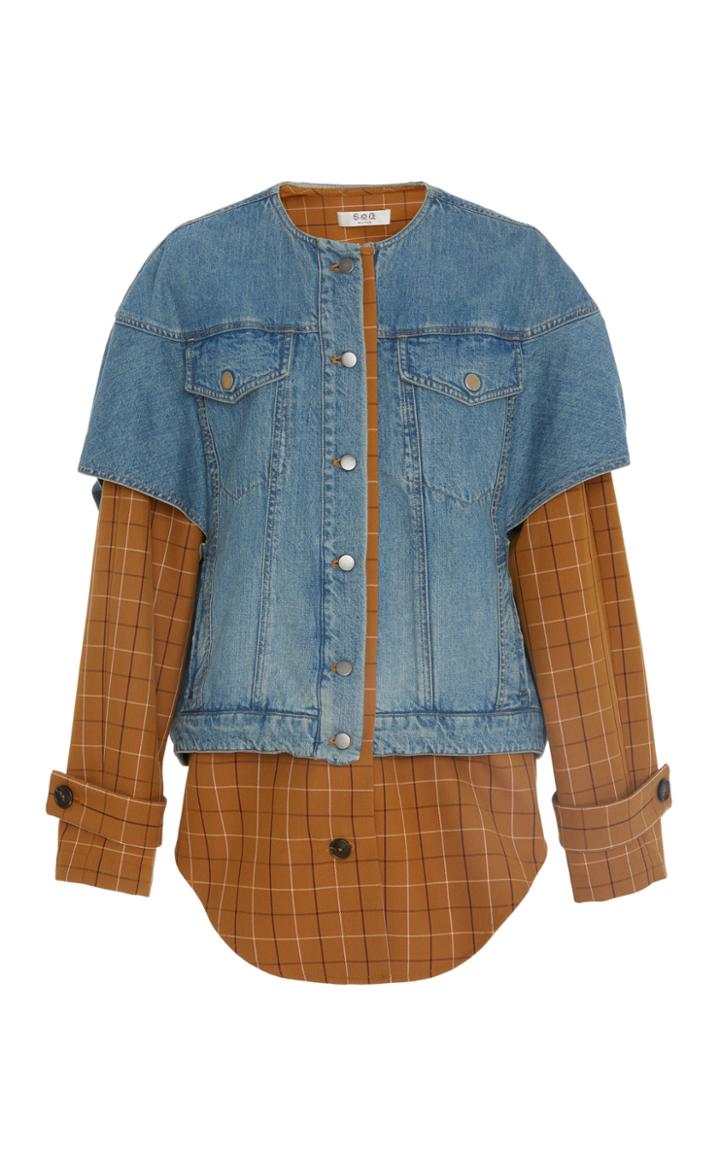 Sea Poirot Plaid Combo Denim Jacket