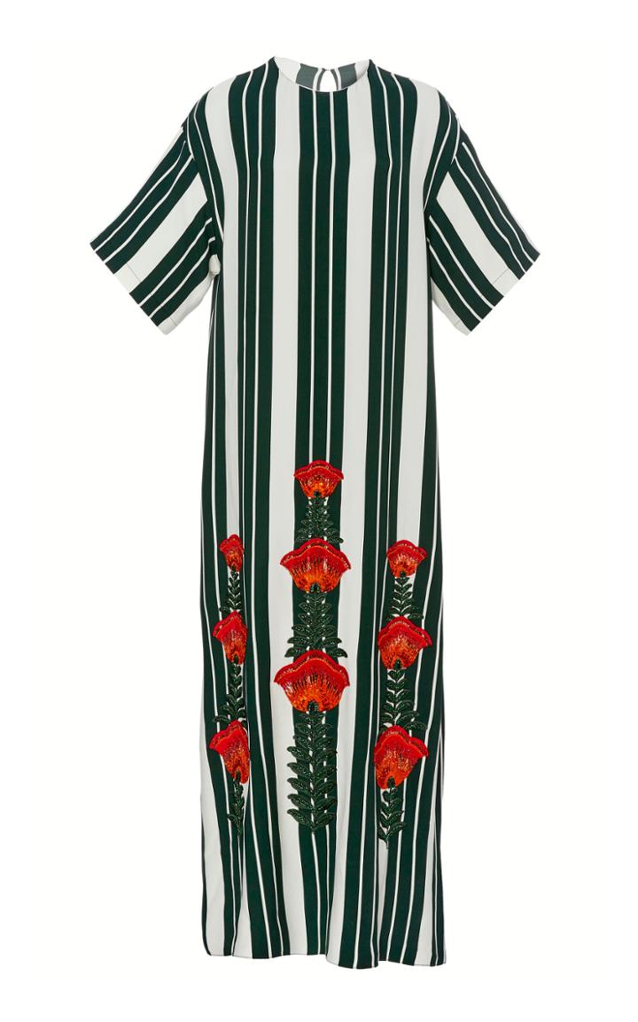 Oscar De La Renta Striped Embroidered Faille Dress