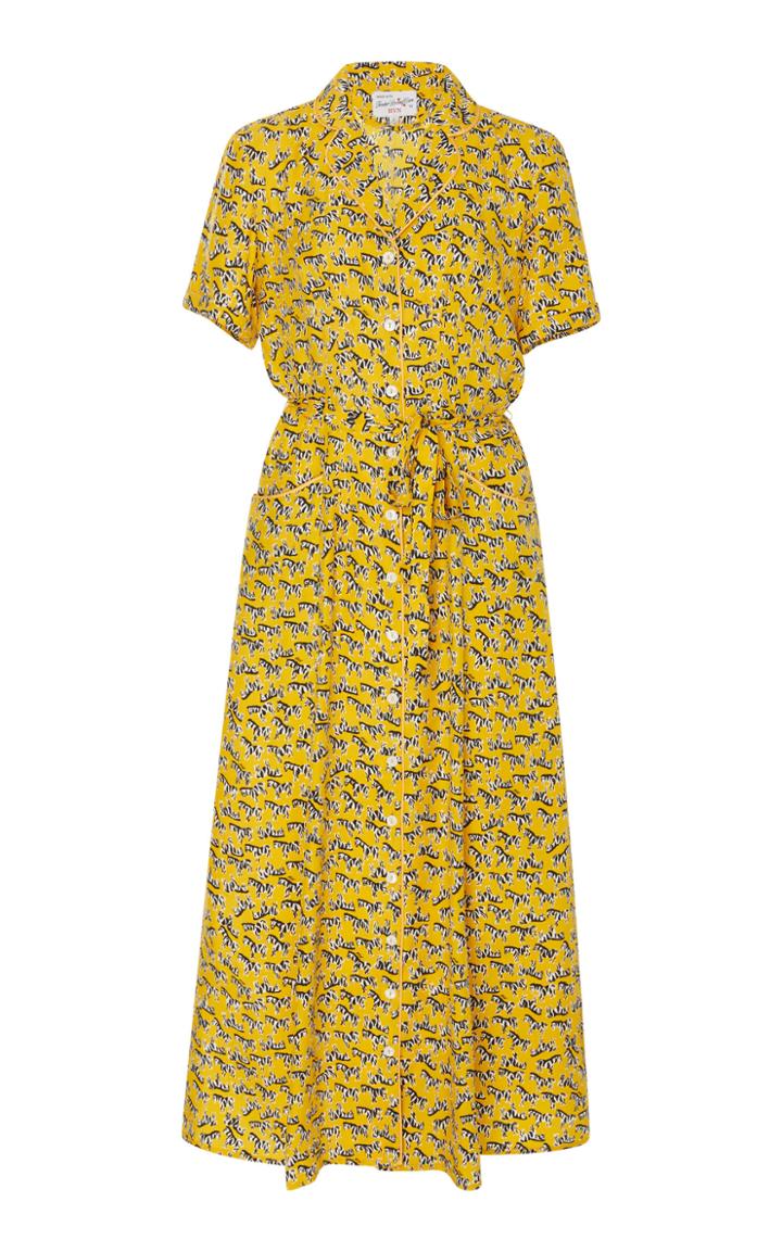 Hvn Maria Belted Printed Silk Midi Dress