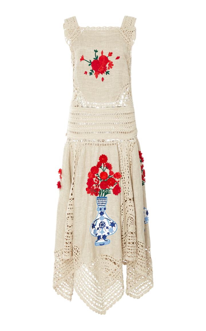 Oscar De La Renta Floral-embroidered Crochet-paneled Linen Midi Dress