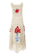 Oscar De La Renta Floral-embroidered Crochet-paneled Linen Midi Dress